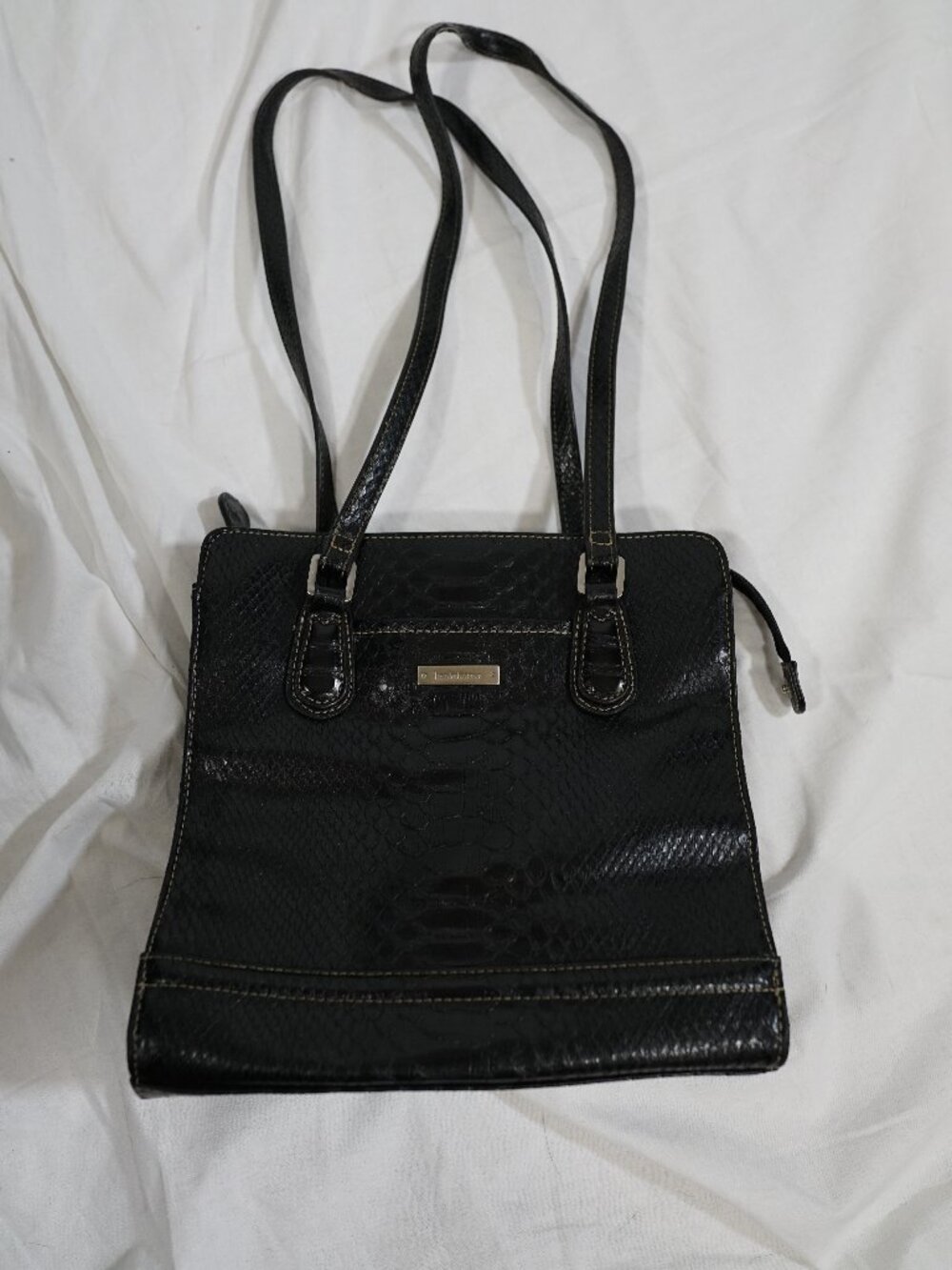 Liz Claiborne Black Faux Snakeskin Embossed Shoulder Bag Structured Tote Purse